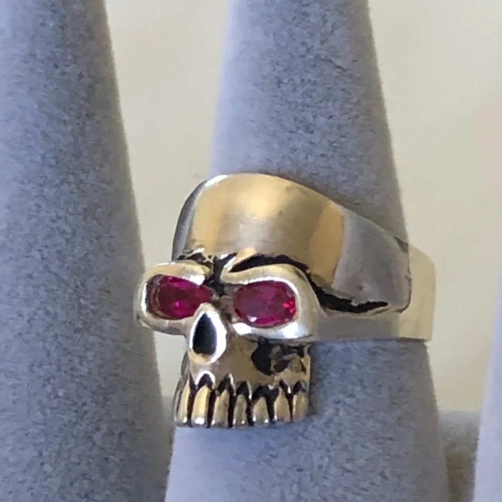 925 sterling silver skull biker ring red cubic zirconia cz stones eyes